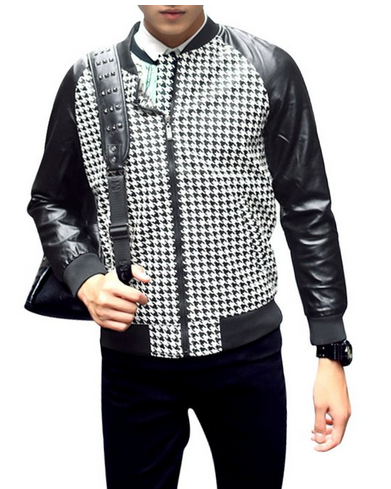 Men Houndstooth Pattern Casual Imitation Leather Jacket